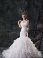 Mermaid Beading and Ruffles Wedding Gowns White Lace Up Sleeveless Brush Train