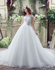 Spectacular Scalloped Sleeveless Wedding Dress Court Train Beading and Lace White Organza and Lace
