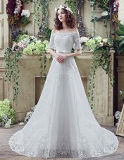 Customized White A-line Lace Off The Shoulder Short Sleeves Lace and Appliques and Bowknot Lace Up Wedding Dresses Court Train