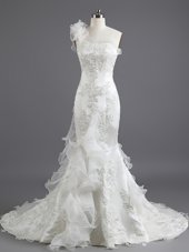 Mermaid Sleeveless Chapel Train Beading and Appliques and Ruffles Lace Up Bridal Gown