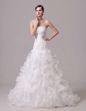 White Lace Up Bridal Gown Beading and Appliques and Ruffles and Ruching Sleeveless With Train Court Train