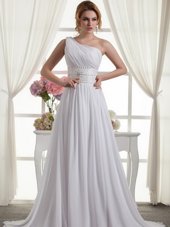 One Shoulder Sleeveless Brush Train Lace Up Beading and Ruching Wedding Dresses