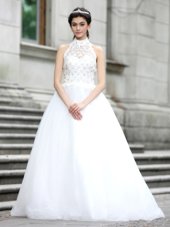 Custom Design White High-neck Zipper Lace Bridal Gown Sleeveless