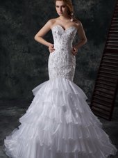 Fine Ruffled A-line Wedding Dresses White Strapless Organza and Taffeta Sleeveless Floor Length Lace Up