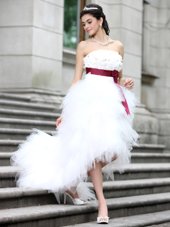 Stylish High Low Zipper Wedding Dresses White and In for Wedding Party with Ruffles and Belt and Hand Made Flower