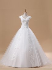 Dramatic White A-line Beading and Appliques Wedding Dress Lace Up Tulle Short Sleeves With Train