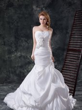 Beautiful Mermaid White Taffeta Lace Up Wedding Dress Sleeveless With Brush Train Beading and Pick Ups and Hand Made Flower
