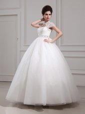 Halter Top Cap Sleeves Floor Length Beading and Lace Lace Up Bridal Gown with White
