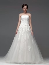 Decent Strapless Sleeveless Wedding Dress Brush Train Appliques White Tulle