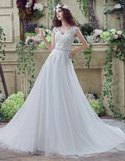Clearance Tulle and Lace V-neck Long Sleeves Court Train Clasp Handle Lace and Appliques Wedding Gown in White
