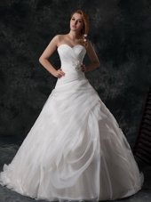 Ideal White Wedding Dresses Organza Brush Train Sleeveless Ruffled Layers and Hand Made Flower