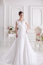 Charming Off the Shoulder White Sleeveless Satin Court Train Zipper Wedding Dress for Wedding Party