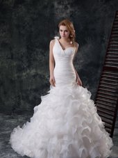 Exquisite Mermaid One Shoulder Ruffled Sleeveless Brush Train Ruffles and Ruching and Hand Made Flower Lace Up Wedding Gown