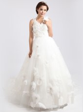 Scoop White A-line V-neck Sleeveless Tulle Sweep Train Zipper Appliques and Hand Made Flower Wedding Gown