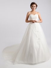 Luxury Sleeveless With Train Beading and Appliques Lace Up Bridal Gown with White Court Train