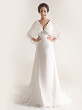 White Wedding Gowns Wedding Party and For with Ruching V-neck Half Sleeves Brush Train Zipper