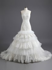 Discount Mermaid Sleeveless Court Train Lace Up With Train Ruffled Layers Wedding Dress