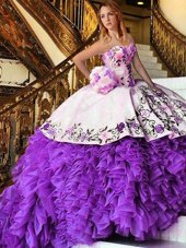 White And Purple Organza Lace Up Vestidos de Quinceanera Sleeveless Floor Length Appliques and Embroidery