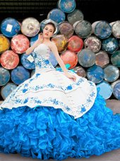 Halter Top Sleeveless Lace Up Sweet 16 Dress Blue And White Organza