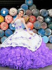 Custom Designed Sleeveless Lace Up Floor Length Appliques and Embroidery and Ruffles Sweet 16 Dresses