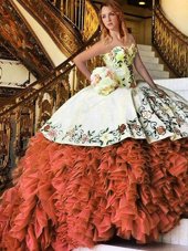 Rust Red Ball Gowns Organza Sweetheart Sleeveless Appliques and Embroidery and Ruffles Floor Length Lace Up 15 Quinceanera Dress