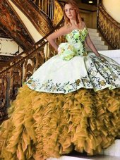 Sweet Yellow And White Sweet 16 Dresses Military Ball and Sweet 16 and Quinceanera and For with Appliques and Embroidery Sweetheart Sleeveless Lace Up