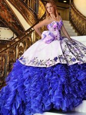 High Quality Blue And White Sleeveless Floor Length Appliques and Embroidery Lace Up Vestidos de Quinceanera