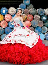 Top Selling White And Red Lace Up Sweetheart Appliques and Embroidery and Ruffles Quinceanera Dresses Organza Sleeveless