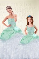 Stunning Apple Green Ball Gowns Beading and Ruffles and Hand Made Flower Sweet 16 Dress Lace Up Organza and Taffeta Sleeveless Floor Length