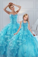 New Style Ruffled Floor Length Aqua Blue Quinceanera Gown Sweetheart Sleeveless Lace Up