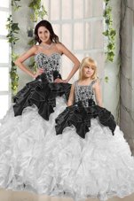 Noble White and Black Sleeveless Organza Lace Up Sweet 16 Quinceanera Dress for Military Ball and Sweet 16 and Quinceanera