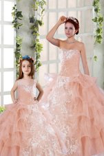 Customized Organza Strapless Sleeveless Lace Up Beading and Ruffled Layers and Ruching Quinceanera Dresses in Peach