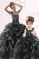 Excellent One Shoulder Black Sleeveless Beading and Ruffles Floor Length Quince Ball Gowns
