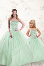 Apple Green Tulle Lace Up Sweetheart Sleeveless Floor Length Sweet 16 Dress Beading