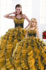 Best Selling Gold Organza Lace Up Sweetheart Sleeveless Floor Length Sweet 16 Quinceanera Dress Beading and Appliques and Ruffles