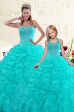 Superior Aqua Blue Sleeveless Floor Length Beading and Ruffles Lace Up Quinceanera Dresses