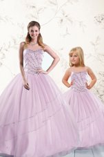 Great Sleeveless Tulle Floor Length Lace Up Quinceanera Gowns in Lilac for with Beading