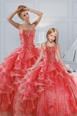 High Class Coral Red Lace Up Ball Gown Prom Dress Beading and Ruffled Layers Sleeveless Floor Length