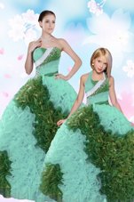 Floor Length Lace Up Sweet 16 Quinceanera Dress Turquoise and In for Military Ball and Sweet 16 and Quinceanera with Beading and Sequins