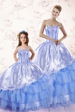 Super Ruffled Floor Length Ball Gowns Sleeveless Baby Blue Quince Ball Gowns Lace Up