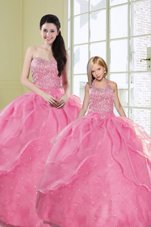 Rose Pink 15 Quinceanera Dress Military Ball and Sweet 16 and Quinceanera and For with Beading and Sequins Sweetheart Sleeveless Lace Up