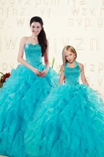 Adorable Aqua Blue Ball Gowns Sweetheart Sleeveless Organza Floor Length Lace Up Beading and Ruffles Quinceanera Dresses