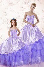Sweetheart Sleeveless Quinceanera Gowns Floor Length Embroidery and Ruffled Layers Lavender Organza