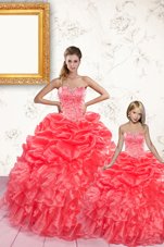 Dramatic Pick Ups Floor Length Ball Gowns Sleeveless Coral Red Sweet 16 Dress Lace Up