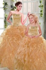 Orange Organza Lace Up Strapless Sleeveless Floor Length Quinceanera Gown Beading and Ruffles