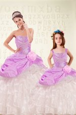 Eye-catching Sleeveless Beading and Ruffled Layers and Hand Made Flower Lace Up Quinceanera Dresses