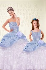 Dazzling Organza and Taffeta Sleeveless Floor Length 15 Quinceanera Dress and Beading and Ruffled Layers and Hand Made Flower