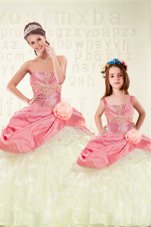 Pretty Pink Lace Up Sweet 16 Quinceanera Dress Beading and Ruffled Layers and Hand Made Flower Sleeveless Floor Length