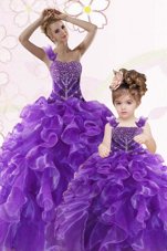 Lovely Purple Ball Gowns Beading and Ruffles Vestidos de Quinceanera Lace Up Organza Sleeveless Floor Length