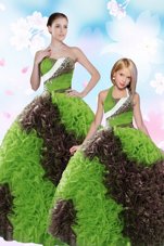 Customized Green Ball Gowns Fabric With Rolling Flowers Strapless Sleeveless Beading and Sequins Floor Length Lace Up 15 Quinceanera Dress